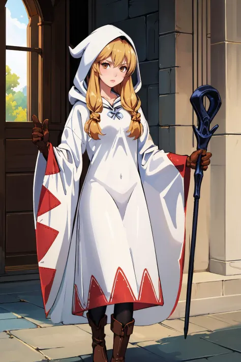 masterpiece, best quality,  <lora:FinalFantasy_FemaleWhiteMage:1> WhiteMageFFT, long hair, blonde hair, twin tails, braid, hair over shoulder, brown eyes, white mage, hood, robe, (long robe, knee-length robe), gloves, pantyhose, boots, cathedral, holding staff, looking at viewer, furrowed brow, determined