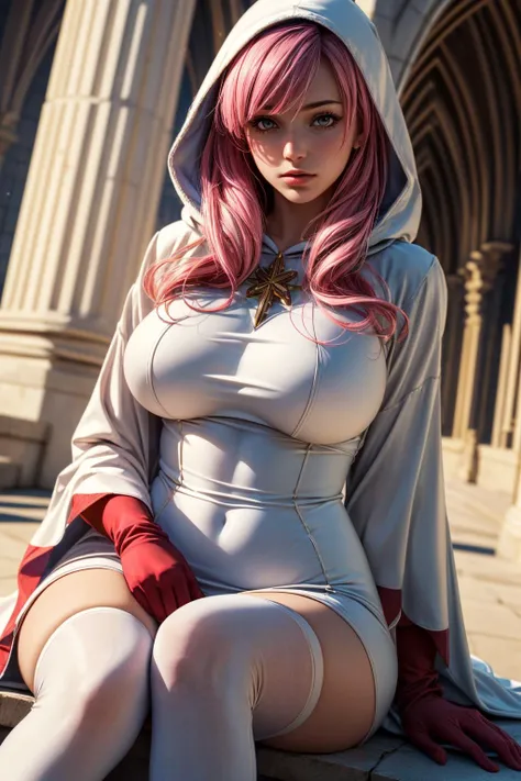 A girl with pink hair, thin body, wide hips, ((a lot of pubic hair on her pussy)), a collar around her neck, a cloak-style cape, (small breasts), Witch's hat, (Tight stockings on the thighs, High quality, high resolution, 4k texture)