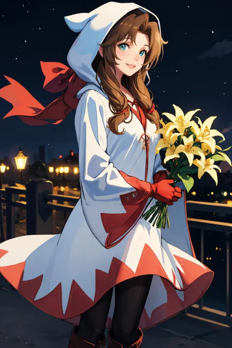 masterpiece, best quality, <lora:FinalFantasy_FemaleWhiteMage:1> , white mage, hood, robe, (long robe, knee-length robe), gloves, pantyhose, boots, smile, outdoors, city, night sky, arms at sides <lora:aerith-nvwls-v1-final:0.8> aerith gainsborough, looking at viewer, holding flowers, bouquet of yellow flowers