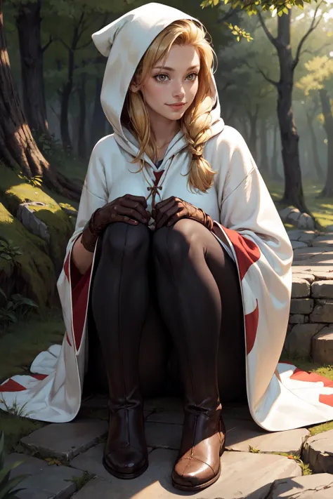 (masterpiece, best quality, 4k, detailed, intricate, realistic),sitting,dappled sunlight,1girl,WhiteMageFFT, long hair, blonde hair, twin tails, braid, hair over shoulder, brown eyes, white mage, hood, robe, (long robe, knee-length robe), gloves, pantyhose,boots,slight smile <lora:FinalFantasy_FemaleWhiteMage:0.8>