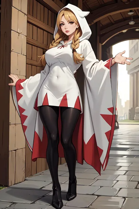 (masterpiece, 8k, 4k, extremely detailed, best quality, absurdres:1.4) nice hands, perfect hands, 1girl,  mature, milf, huge tits,  <lora:FinalFantasy_FemaleWhiteMage:lbw=all:step=1-30> WhiteMageFFT, long hair, blonde hair, twin tails, braid, hair over shoulder, brown eyes, white mage, hood, robe, (long robe, knee-length robe), gloves, pantyhose, boots,