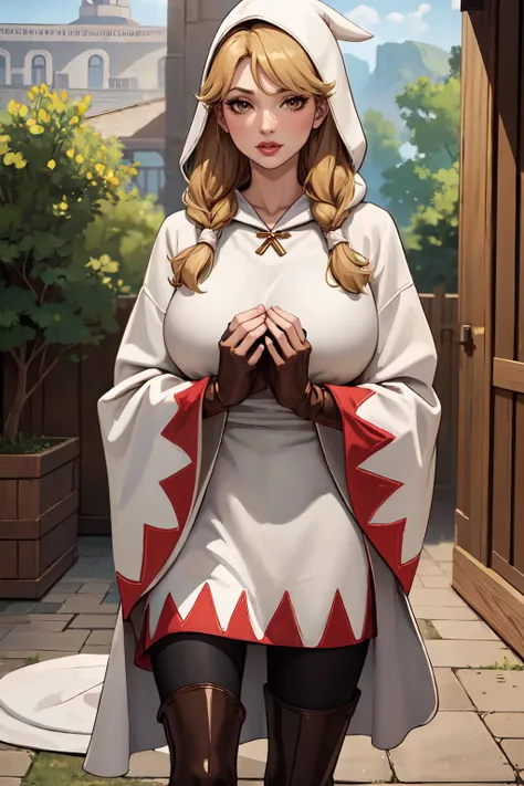 (masterpiece, 8k, 4k, extremely detailed, best quality, absurdres:1.4) nice hands, perfect hands, 1girl, mature, milf, huge tits, <lora:FinalFantasy_FemaleWhiteMage:lbw=all:step=1-30> WhiteMageFFT, long hair, blonde hair, twin tails, braid, hair over shoulder, brown eyes, white mage, hood, robe, (long robe, knee-length robe), gloves, pantyhose, boots,