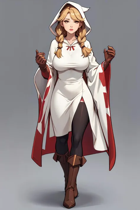(masterpiece, 8k, 4k, extremely detailed, best quality, absurdres:1.4) nice hands, perfect hands, 1girl, mature, milf, huge tits, <lora:FinalFantasy_FemaleWhiteMage:lbw=all:step=1-30> WhiteMageFFT, long hair, blonde hair, twin tails, braid, hair over shoulder, brown eyes, white mage, hood, robe, (long robe, knee-length robe), gloves, pantyhose, boots,