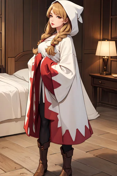 (masterpiece, 8k, 4k, extremely detailed, best quality, absurdres:1.4) nice hands, perfect hands, 1girl, mature, milf, huge tits, <lora:FinalFantasy_FemaleWhiteMage:lbw=all:step=1-30> WhiteMageFFT, long hair, blonde hair, twin tails, braid, hair over shoulder, brown eyes, white mage, hood, robe, (long robe, knee-length robe), gloves, pantyhose, boots,
