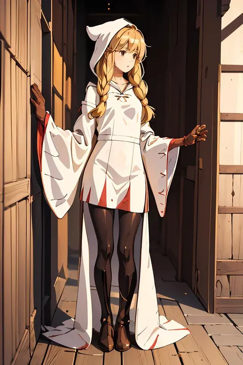 (masterpiece, best quality), 1girl, <lora:FinalFantasy_FemaleWhiteMage:1> WhiteMageFFT, long hair, blonde hair, twin tails, braid, hair over shoulder, brown eyes, white mage, hood, robe, (long robe, knee-length robe), gloves, pantyhose, boots,