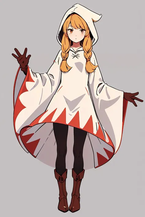 (masterpiece, best quality), 1girl, <lora:FinalFantasy_FemaleWhiteMage:1> WhiteMageFFT, long hair, blonde hair, twin tails, braid, hair over shoulder, brown eyes, white mage, hood, robe, (long robe, knee-length robe), gloves, pantyhose, boots,