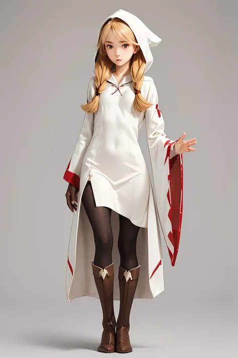 (masterpiece, best quality), 1girl, <lora:FinalFantasy_FemaleWhiteMage:1> WhiteMageFFT, long hair, blonde hair, twin tails, braid, hair over shoulder, brown eyes, white mage, hood, robe, (long robe, knee-length robe), gloves, pantyhose, boots,