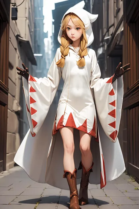 (masterpiece, best quality), 1girl, <lora:FinalFantasy_FemaleWhiteMage:1> WhiteMageFFT, long hair, blonde hair, twin tails, braid, hair over shoulder, brown eyes, white mage, hood, robe, (long robe, knee-length robe), gloves, pantyhose, boots,