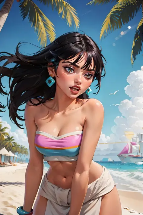 masterpiece, best quality,  1girl,  <lora:Chel_character-10:0.8> ChelWaifu, (strapless, tube top, navel, loincloth), floating hair, bent over, beach,  palm tree, hand in own hair, open mouth, teeth,