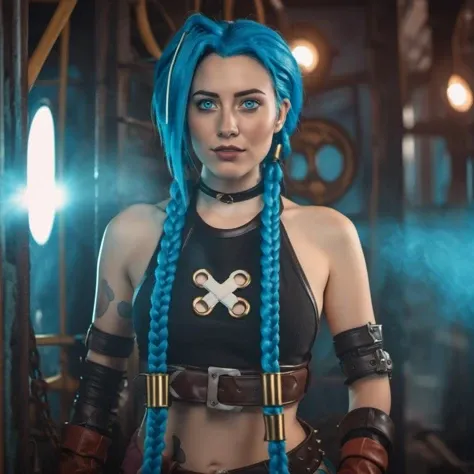 cinematic photo cinematic photo a woman, blue hair and braids is posing for a picture, steampunk background <lora:Jinx1024-000260:0.8> . 35mm photograph, film, bokeh, professional, 4k, highly detailed