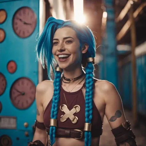 Graffiti style cinematic photo a funny woman laughs and blue hair and braids is posing for a picture <lora:Jinx1024-000260:0.8> . 35mm photograph, film, bokeh, professional, 4k, highly detailed . Street art, vibrant, urban, detailed, tag, mural