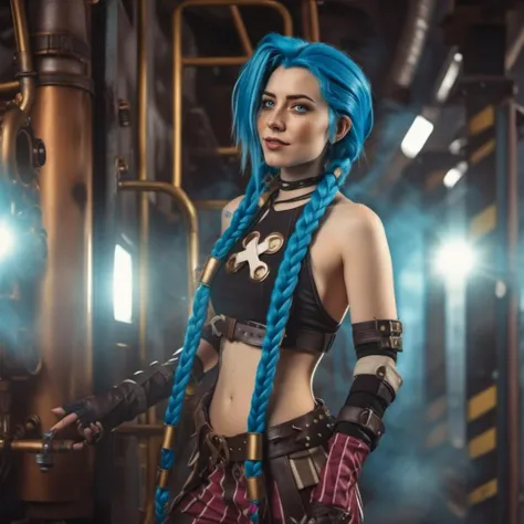 cinematic photo cinematic photo a woman, full body, and blue hair and braids is posing for a picture, steampunk city background <lora:Jinx1024-000260:0.8> . 35mm photograph, film, bokeh, professional, 4k, highly detailed