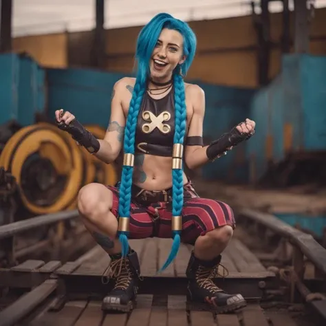 Grunge style cinematic photo a funny woman, full body, laughs and blue hair and braids is posing for a picture <lora:Jinx1024-000260:0.8> . 35mm photograph, film, bokeh, professional, 4k, highly detailed . Textured, distressed, vintage, edgy, punk rock vibe, dirty, noisy