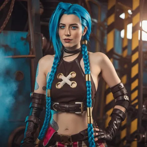 cinematic photo cinematic photo a woman,  blue hair and braids is posing for a picture, steampunk background <lora:Jinx1024-000260:0.8> . 35mm photograph, film, bokeh, professional, 4k, highly detailed