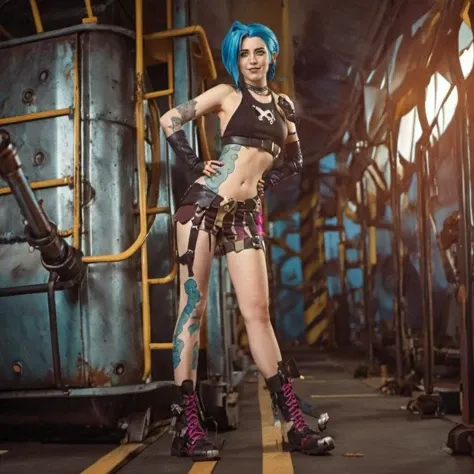 a woman with blue hair and tattoos posing, steampunk background  <lora:Jinx1024:0.8>