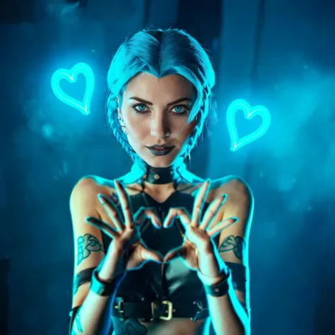 a woman, blue hair and braids and tattoos, steampunk background <lora:Jinx1024:0.8>