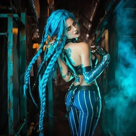 a woman a woman, blue hair and braids and tattoos, steampunk background <lora:Jinx1024:0.8>