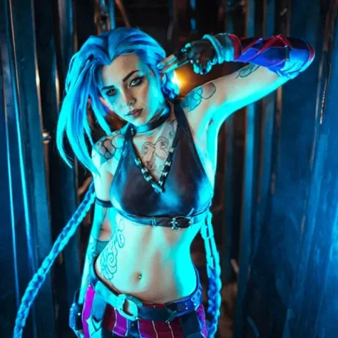 a woman a woman, blue hair and braids and tattoos, steampunk background <lora:Jinx1024:0.8>