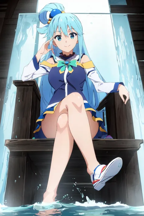 Aqua, 1girl, solo, smile, looking at viewer,hair rings, green bow, blue shirt, bare shoulders, hair ornament, skirt, <lora:Aqua:0.7>, sitting on a throne, luxurious place, water fountains, from below