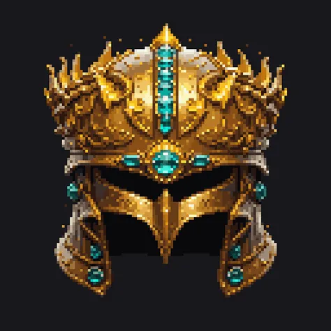 pixel art, cartoon illustration, front view of golden crown helmet, gems, simple black background, game icon <lora:game_icon_diablo_style_SDXL:0.4> <lora:pixel-art-sdxl-v11:0.8>