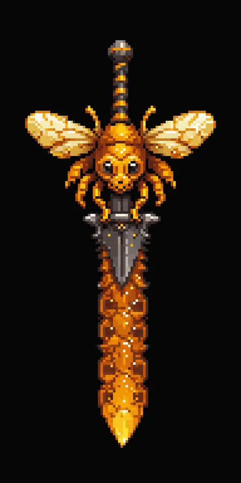 pixel art, cartoon illustration, honey bee sword, honey hex, yellow and orange colors, simple black background, game icon <lora:game_icon_diablo_style_SDXL:0.4> <lora:pixel-art-sdxl-v11:0.8>