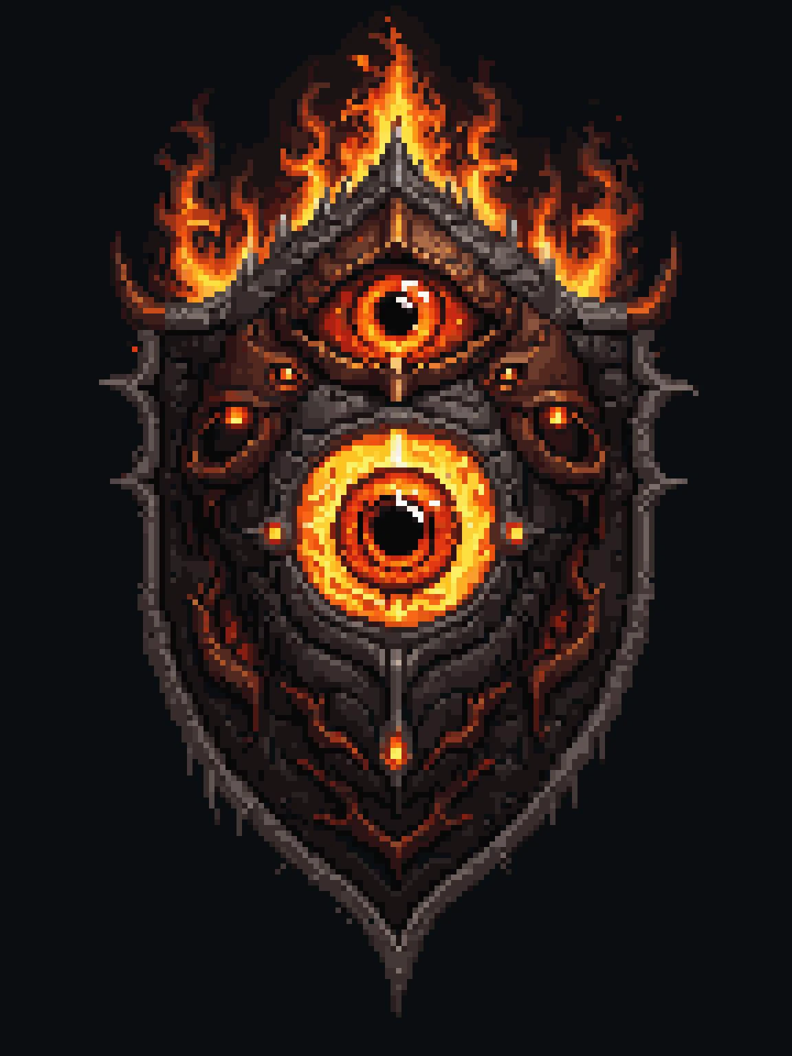 pixel art, cartoon illustration, beholder shield, demonic sauron eye, fire eye, simple black background, game icon <lora:game_icon_diablo_style_SDXL:0.4> <lora:pixel-art-sdxl-v11:0.8>