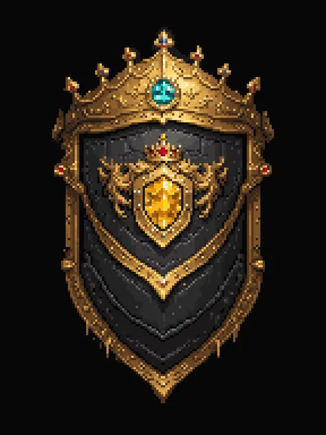 pixel art, cartoon illustration, royal guard shield, golden crown, gems, simple black background, game icon <lora:game_icon_diablo_style_SDXL:0.4> <lora:pixel-art-sdxl-v11:0.8>