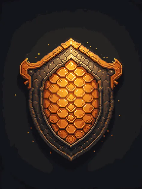 pixel art, cartoon illustration, hex shield, honey, yellow and orange colors, simple black background, game icon <lora:game_icon:0.4> <lora:pixelbuildings128-v2:0.8>