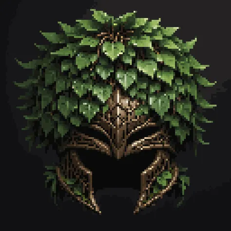 pixel art, cartoon illustration, front view of leaf helmet, made from vines and roots, nature, simple black background, game icon <lora:game_icon:0.4> <lora:pixelbuildings128-v2:0.8>