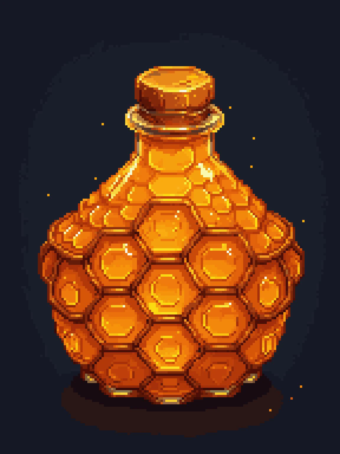 pixel art, cartoon illustration, hex shaped bottle, honey hex potion, honey hex, yellow and orange colors, simple black background, game icon <lora:game_icon:0.4> <lora:pixelbuildings128-v2:0.8>