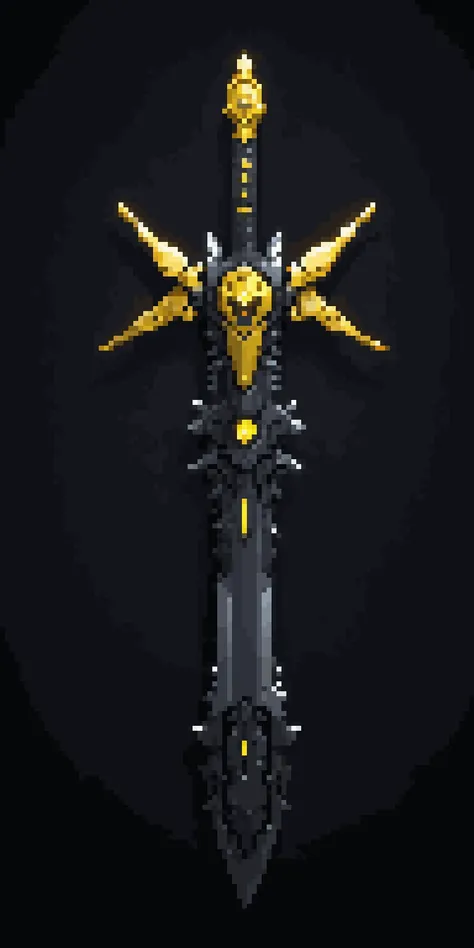 pixel art, cartoon illustration, futuristic mecha sword, cyberpunk, black and yellow colors, simple black background, game icon <lora:game_icon_diablo_style_SDXL:0.4> <lora:pixel-art-sdxl-v11:0.8>
