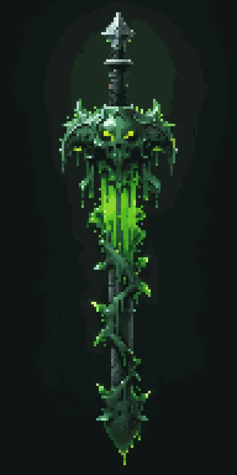 pixel art, cartoon illustration, toxic slime green sword, toxic goo, dripping, green color, simple black background, game icon <lora:game_icon_diablo_style_SDXL:0.6> <lora:pixel-art-sdxl-v11:0.8>