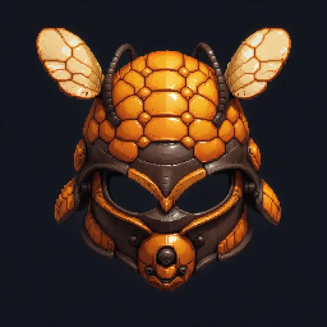 pixel art, cartoon illustration, front view of honey bee helmet, honey hex, yellow and orange colors, simple black background, game icon <lora:game_icon_diablo_style_SDXL:0.4> <lora:pixel-art-sdxl-v11:0.8>