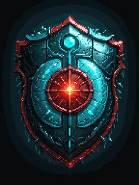pixel art, cartoon illustration, energy metal shield, power cells, teal and red colors, simple black background, game icon <lora:game_icon:0.4> <lora:pixelbuildings128-v2:0.8> <lora:sdxl_more_art-full_v1:0.4>