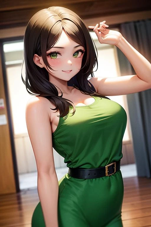 solo, woman, looking at viewer dark hair blonde streaks, wearing, green dress, cute face, smirk, medium breasts