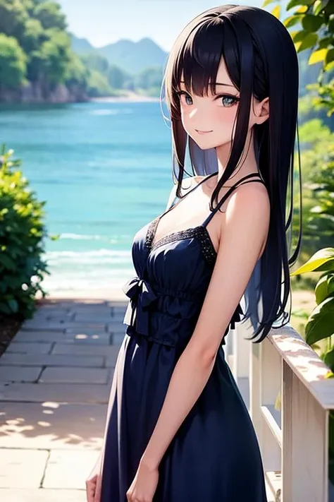 solo, woman, looking to the side dark hair blue Streaks, wearing, blue dress, cute face, smirk, small breasts