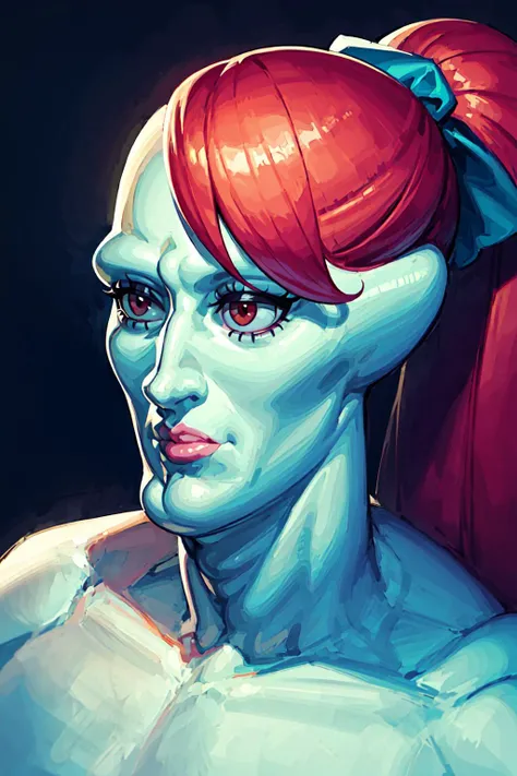 8k, best quality, intricate details, ultra-detailed, ultra highres, masterpiece, simple background, Handsome-squidward, blue skin, pink lips, blue,  <lyco:Face_HandsomeSquidwardV1:1.0>, dskasumi, red hair, long hair, ponytail, red eyes, hair bow, shuujin academy school uniform, <lyco:Char_Persona_KasumiV2_168:0.6>
