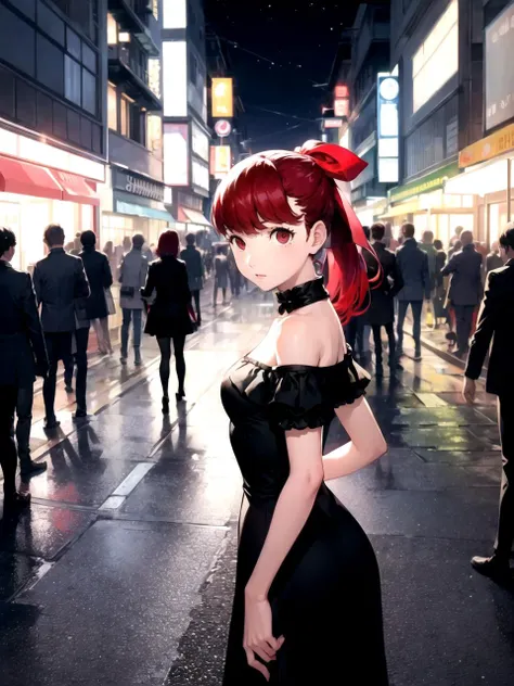 masterpiece, best quality, 1girl, solo, dskasumi, red hair, long hair, ponytail, red eyes, hair bow, small breasts, black dress, skirt, bare shoulders, standing, outdoors, street, city lights, night sky, detailed background, cowboy shot, (soejima shigenori, persona 5:0.8)
<lyco:dskasumi_lc_768:1>