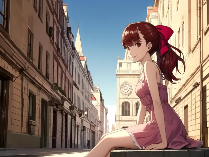 masterpiece, best quality, 1girl, solo, dskasumi, red hair, long hair, ponytail, red eyes, hair bow, Light Brown strap dress, Pink stockings, sitting, kind smile, cosmopolitan capital, historic landmarks, cultural museums,
<lyco:dskasumi-v2_lc_768:1> <lyco:p5-anime_style_lc:0.6>