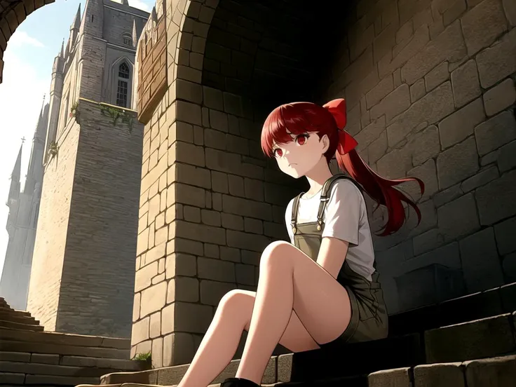 masterpiece, best quality, 1girl, solo, dskasumi, red hair, long hair, ponytail, red eyes, hair bow, Light Brown overalls, Dark Brown ruffled shirt, sitting, frown, medieval castle, winding staircases, crenellated walls,
<lyco:dskasumi-v2_lc_768:1>