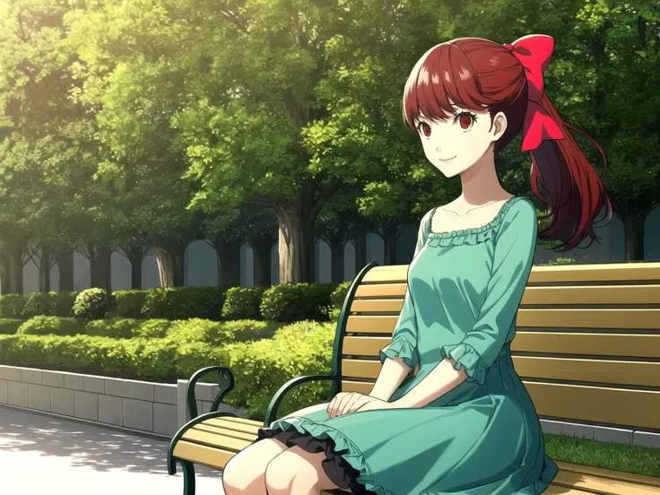 masterpiece, best quality, 1girl, solo, dskasumi, red hair, long hair, ponytail, red eyes, hair bow, Green frilly dress, Aqua Blue stockings, sitting, kind smile, park, bench, trees, sun
<lyco:dskasumi-v2_lc_768:1> <lyco:p5-anime_style_lc:0.6>
