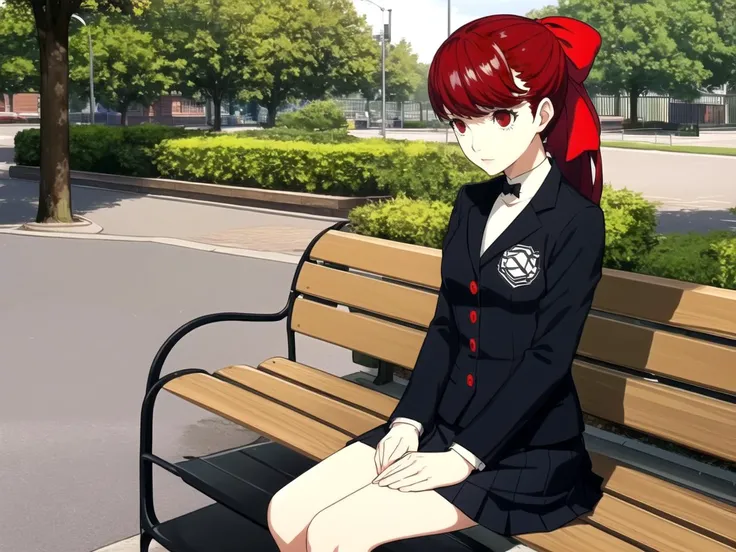 masterpiece, best quality, 1girl, solo, dskasumi, red hair, long hair, ponytail, red eyes, hair bow, shuujin academy uniform, school uniform, blazer, pleated skirt, sitting on bench, outdoors, park, detailed background
<lyco:dskasumi-v2_lc_768:1> <lyco:p5-anime_style_lc:0.6>