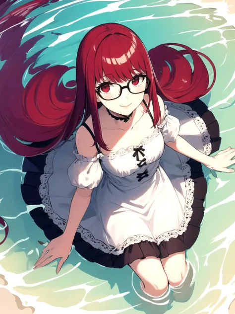 masterpiece, best quality, 1girl, solo, dssumire, red hair, long hair, straight hair, red eyes, glasses, Light Purple dress, Light Orange stockings, from above, smile, water, infinite amount of water, water everywhere
<lyco:dskasumi-v2_lc_768:1>