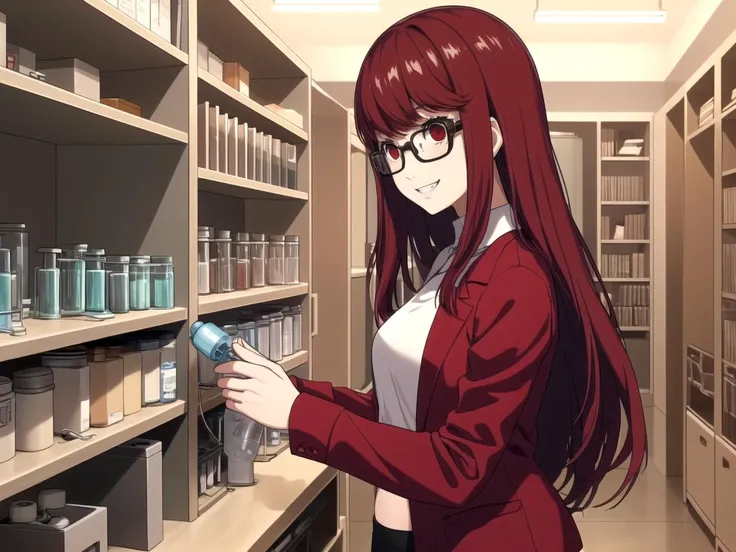 masterpiece, best quality, 1girl, solo, dssumire, red hair, long hair, straight hair, red eyes, glasses, Light Red harem pants, Dark Red jacket, side view, grin, a room full of vials, science room, science, science equipment, indoors, beakers
<lyco:dskasumi-v2_lc_768:1> <lyco:p5-anime_style_lc:0.6>