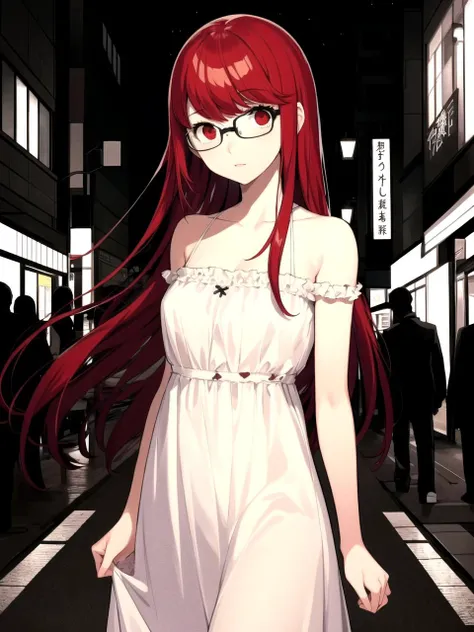 masterpiece, best quality, 1girl, solo, dssumire, red hair, long hair, straight hair, red eyes, glasses, white dress, bare shoulders, standing, city, night, street lights, detailed background, cowboy shot, soejima shigenori
<lyco:dskasumi-v2_lc:1>