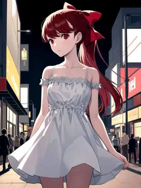 masterpiece, best quality, 1girl, solo, dskasumi, red hair, long hair, ponytail, red eyes, hair bow, white dress, bare shoulders, standing, city, night, street lights, detailed background, cowboy shot, soejima shigenori
<lyco:dskasumi-v2_lc:1>