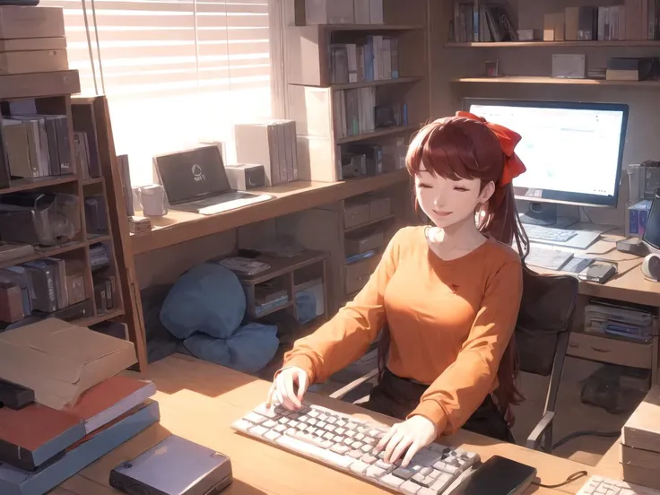 masterpiece, best quality, 1girl, solo, dskasumi, red hair, long hair, ponytail, red eyes, hair bow, Dark Orange tunic, Light Blue thighhighs, looking at viewer, closed eyes smile, room full of computers and laptops, computer, laptops, electronic, keyboard, mice, mouse, indoors
<lyco:dskasumi-v2_lc_768:1>