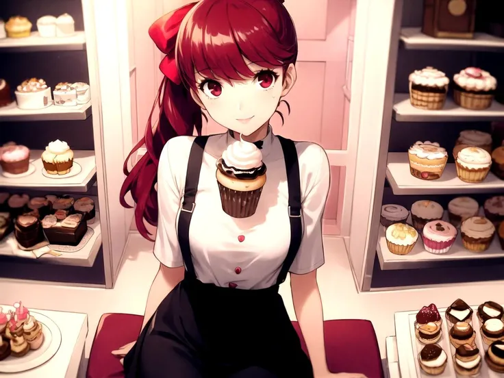 masterpiece, best quality, 1girl, solo, dskasumi, red hair, long hair, ponytail, red eyes, hair bow, Light Black skirt, Neon Pink plain shirt, looking at viewer, kind smile, dessert shop, cakes, cupcakes, pastries, cookies, pies, ice cream, coffee, tea, seating
<lyco:dskasumi-v2_lc_768:1>