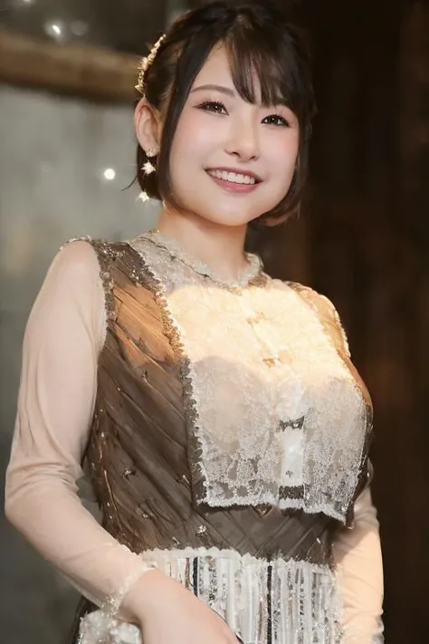 1girl, (wearing a cabaret dress:1.8),(RAW photo, best quality), (realistic, photo-realistic:1.4), masterpiece, an extremely delicate and beautiful, extremely detailed, 2k wallpaper, Amazing, finely detail, extremely detailed CG unity 8k wallpaper, ultra-detailed, highres, soft light, beautiful detailed girl, extremely detailed eyes and face, beautiful detailed nose, beautiful detailed eyes,cinematic lighting,(in the city at night:2.0),(night city view:1.6),perfect anatomy,(slender body:2.0),(laughing:1.4),(close up face:1.6),(open eyes:1.4),(look at viewer),(front view:1.0),(young japanese girl:1.8),cinematic angle,(wavy short hair), (brown eyes:1.8),(standing:2.0), (cleavage:1.2), <lora:kawaidanatsumi_lora-09:0.8>