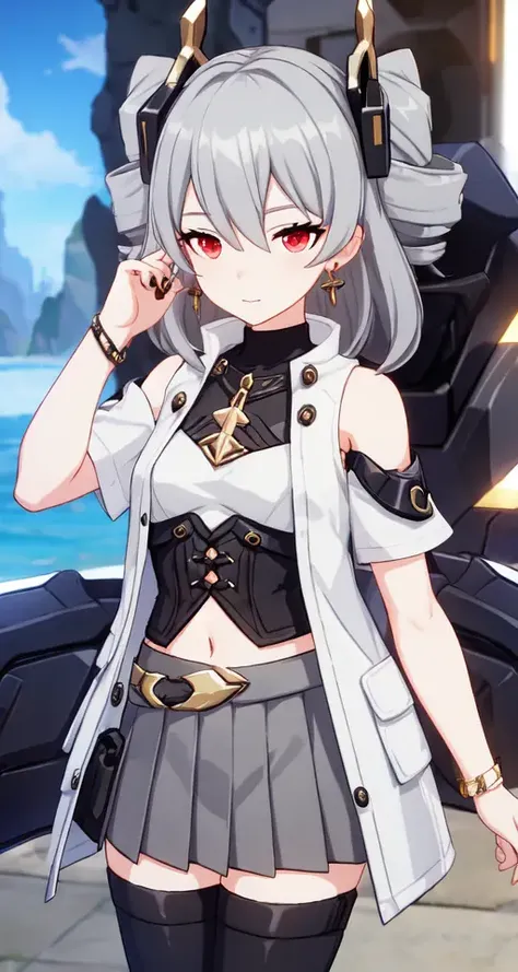 ph_Prometheus, Prometheusds, 1girl, solo, bangs, jewelry, earrings, drill hair, twin drills, grey hair, closed mouth, red eyes, hair between eyes, skirt, bare shoulders, grey skirt, hair ornament, jacket, pleated skirt, short sleeves, long hair, shirt, vest, small breasts, belt, black shirt, breasts, open clothes, white jacket, medium hair, <lora:bp-5_0.8+bp-2-000006_0.2:0.8>